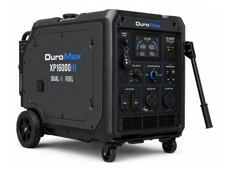 DuroMax XP16000iH dual fuel inverter generator — large enclosed housing with remote start