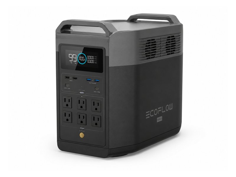 EcoFlow DELTA 2 Max portable power station — dark gray with 6 AC outlets and LCD screen