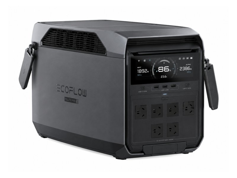 EcoFlow DELTA Pro 3 portable power station — large dark gray body with touchscreen display