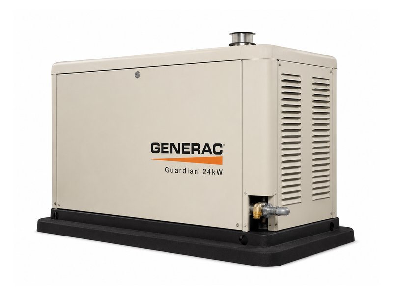 Generac Guardian 24kW home standby generator — bisque aluminum enclosure on composite pad