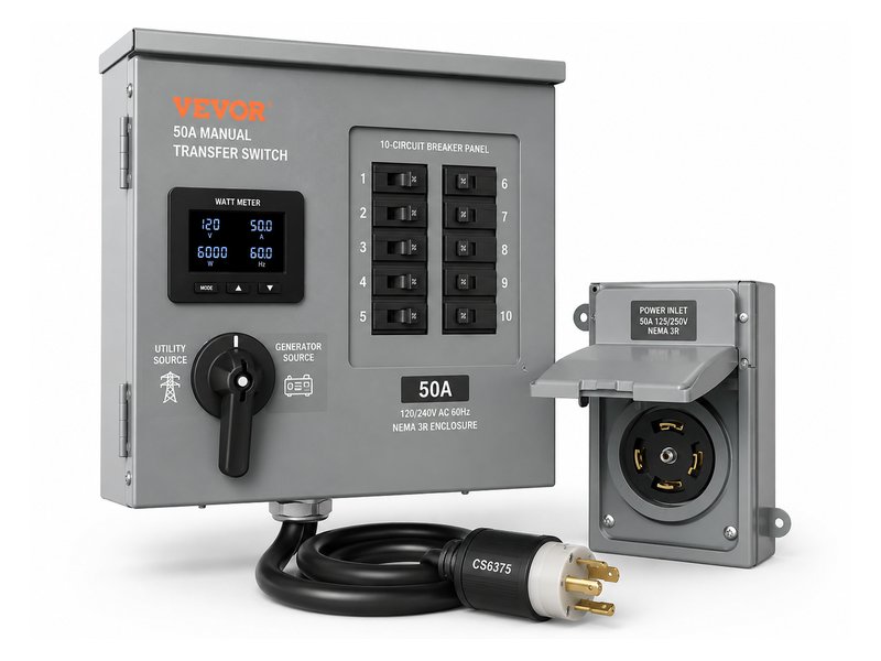 VEVOR 50A manual transfer switch with watt meter and CS6375 plug