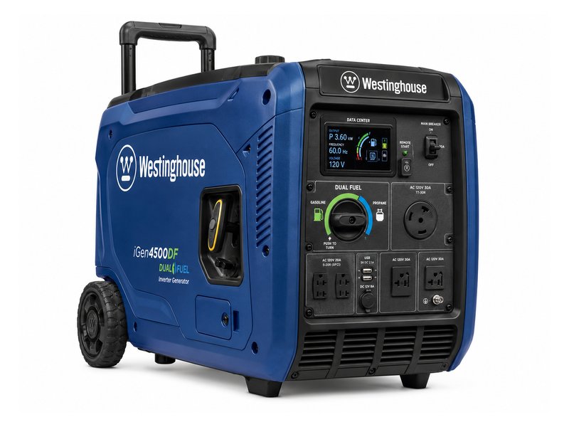 Westinghouse iGen4500DF dual fuel inverter generator — dark blue enclosed body with telescoping handle