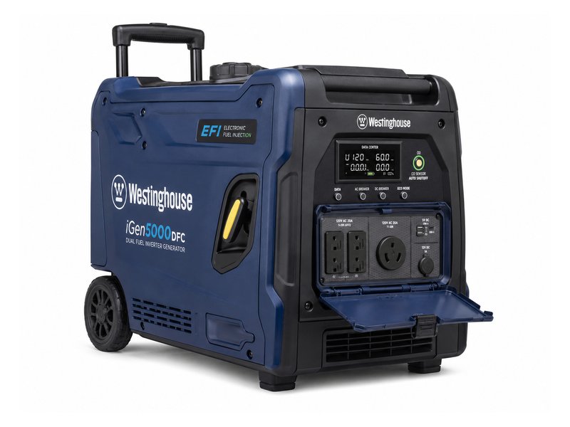 Westinghouse iGen5000DFC EFI dual fuel inverter generator — dark blue body with electronic fuel injection